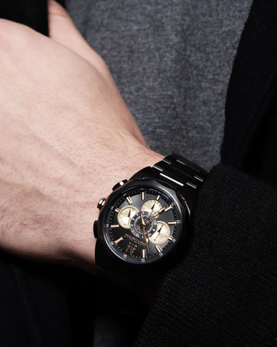 Black | Montignac MOW907 Chronograph Watch Black and Gold Dial on a Wrist