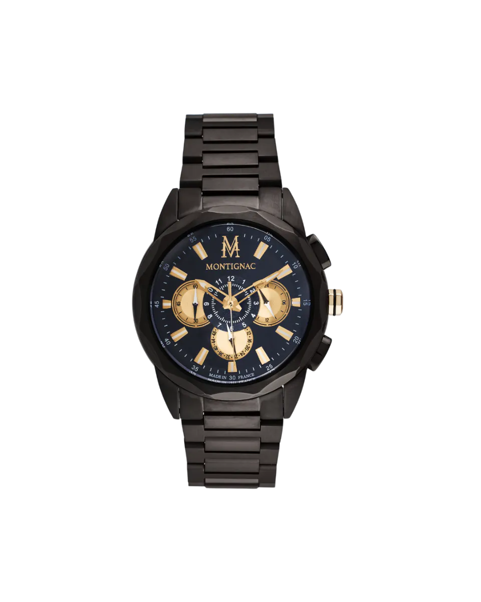 Black | Montignac MOW907 Men's Chronograph Watch with Black Case, Black Dial with Gold Accents, and Link Bracelet - Front View