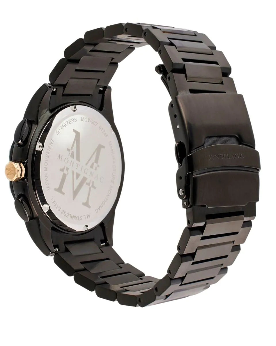 Black | Montignac MOW907 Chronograph Watch Case Back View showing the engraved Montignac Logo