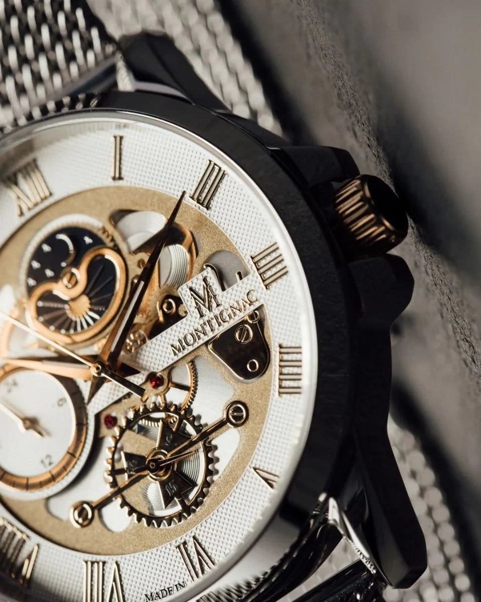 Silver | Detailed angled view of Montignac MOW610 Silver Watch, collection at Salam Luxury