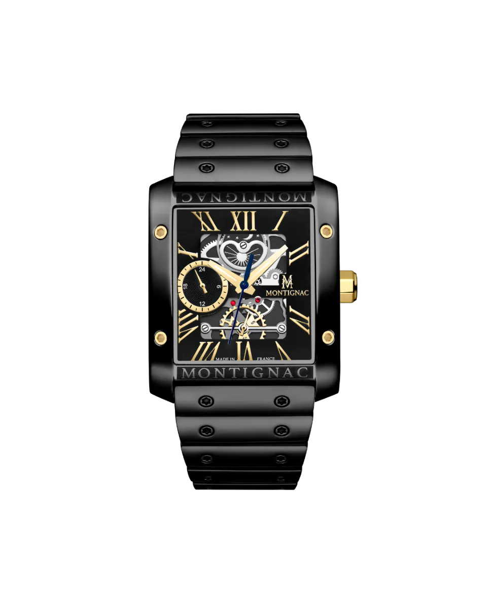 Black | Salam Luxury Montignac MOW1204 stainless steel skeleton watch with gold accents and rectangular case on a white background.