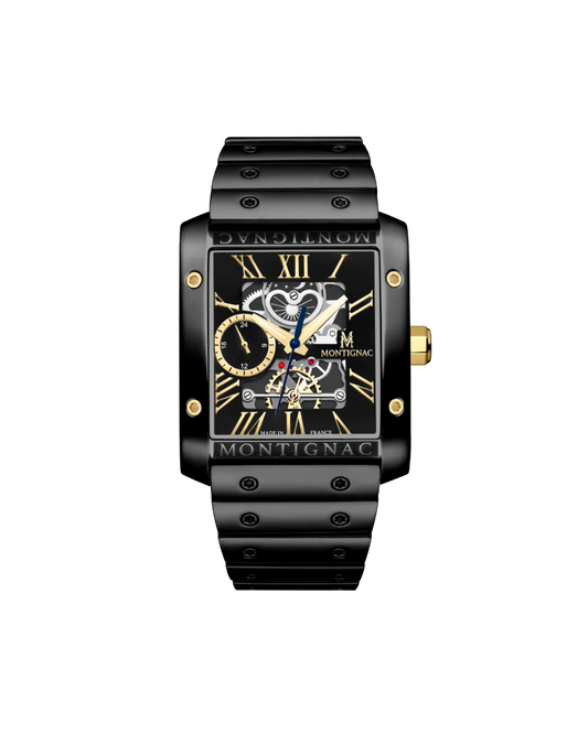 Black | Salam Luxury Montignac MOW1204 stainless steel skeleton watch with gold accents and rectangular case on a white background.