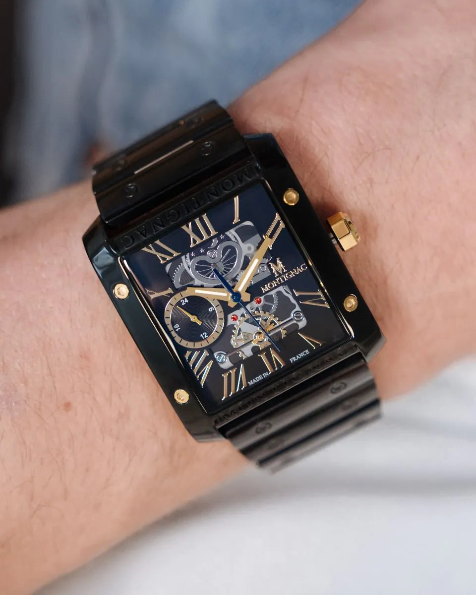 Black | Salam Luxury men's black skeleton watch with Roman numerals, worn on a wrist.