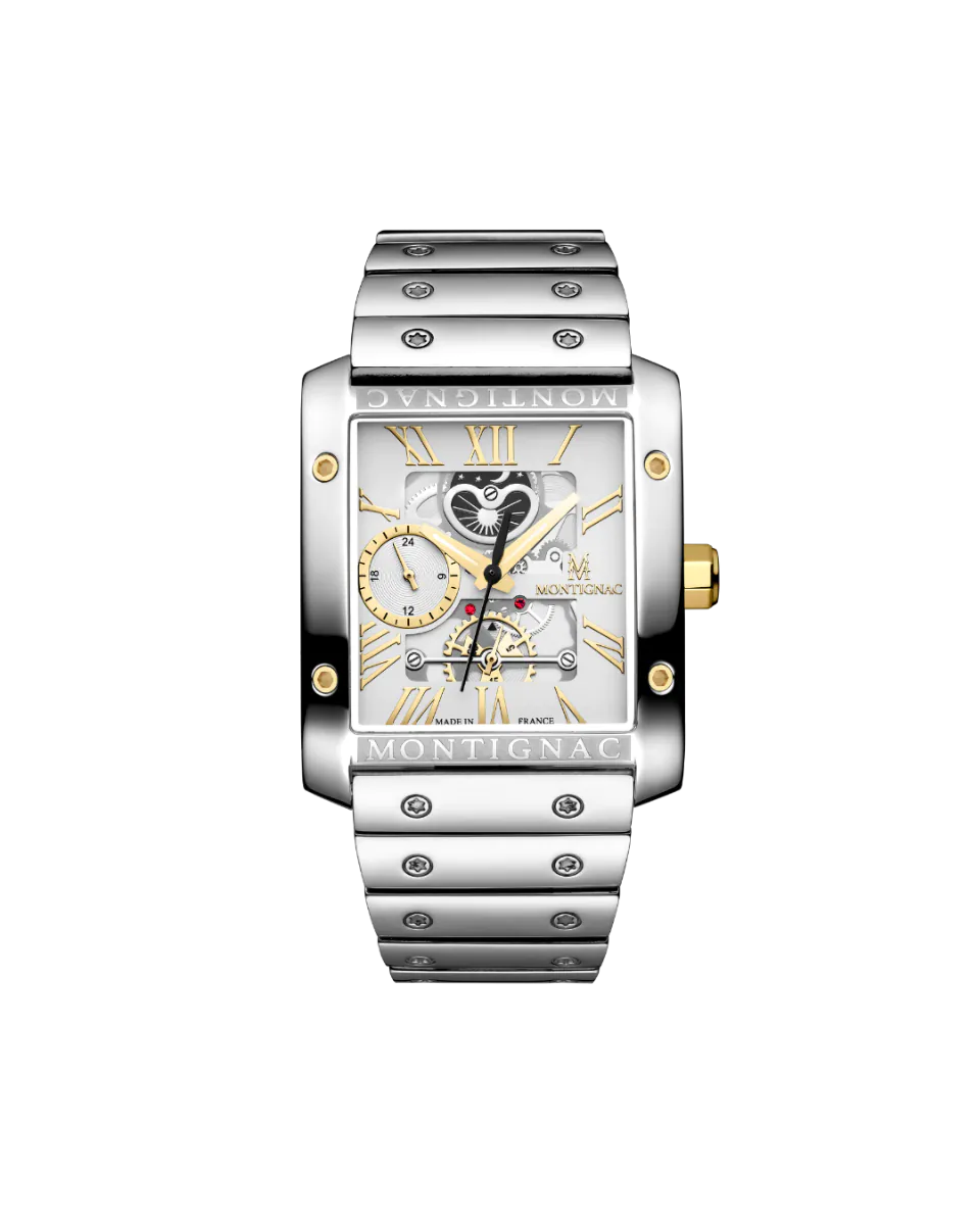 Silver | Salam Luxury Montignac stainless steel skeleton watch MOW1203 with white dial and gold accents on a plain white background.
