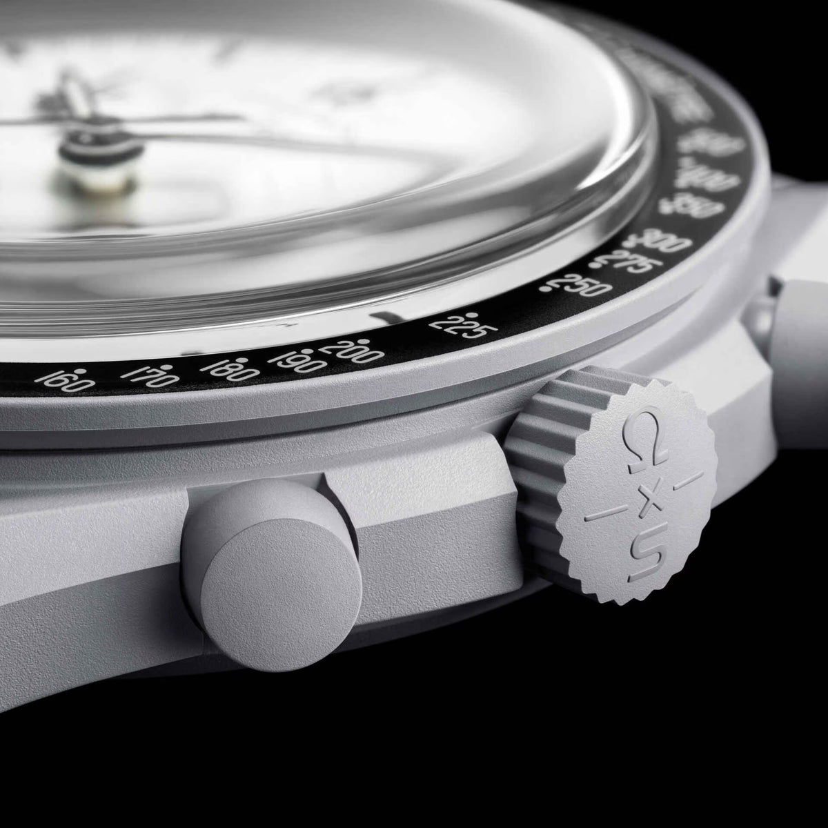 Side view of OMEGA x Swatch Bioceramic MoonSwatch case pushers and crown – SALAM LUXURY