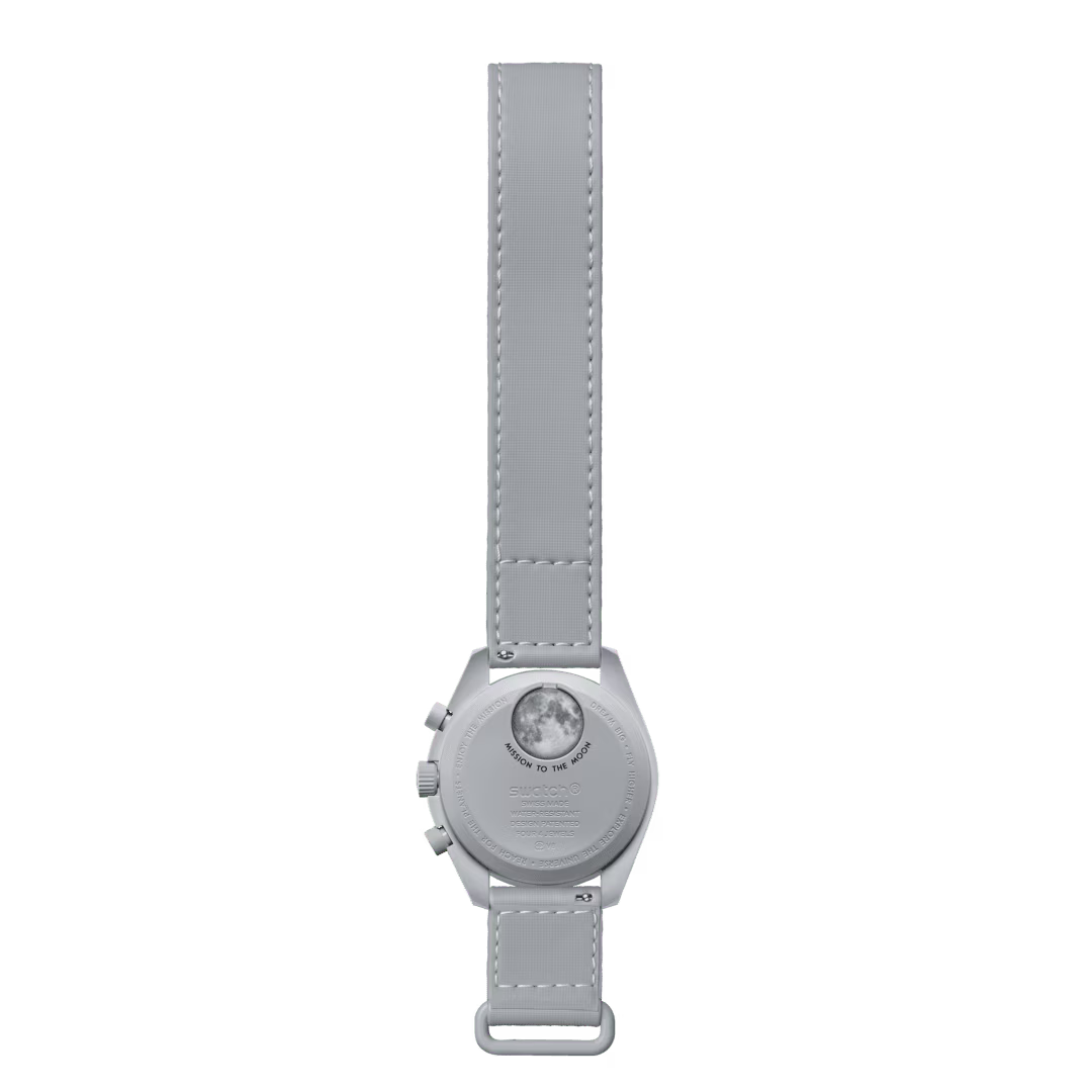 Full back layout of OMEGA x Swatch Bioceramic MoonSwatch with grey VELCRO strap – SALAM LUXURY