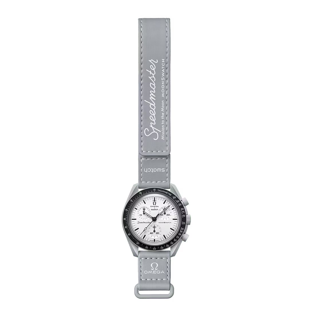 Full vertical front shot of OMEGA x Swatch Bioceramic MoonSwatch White SO33M106 – SALAM LUXURY