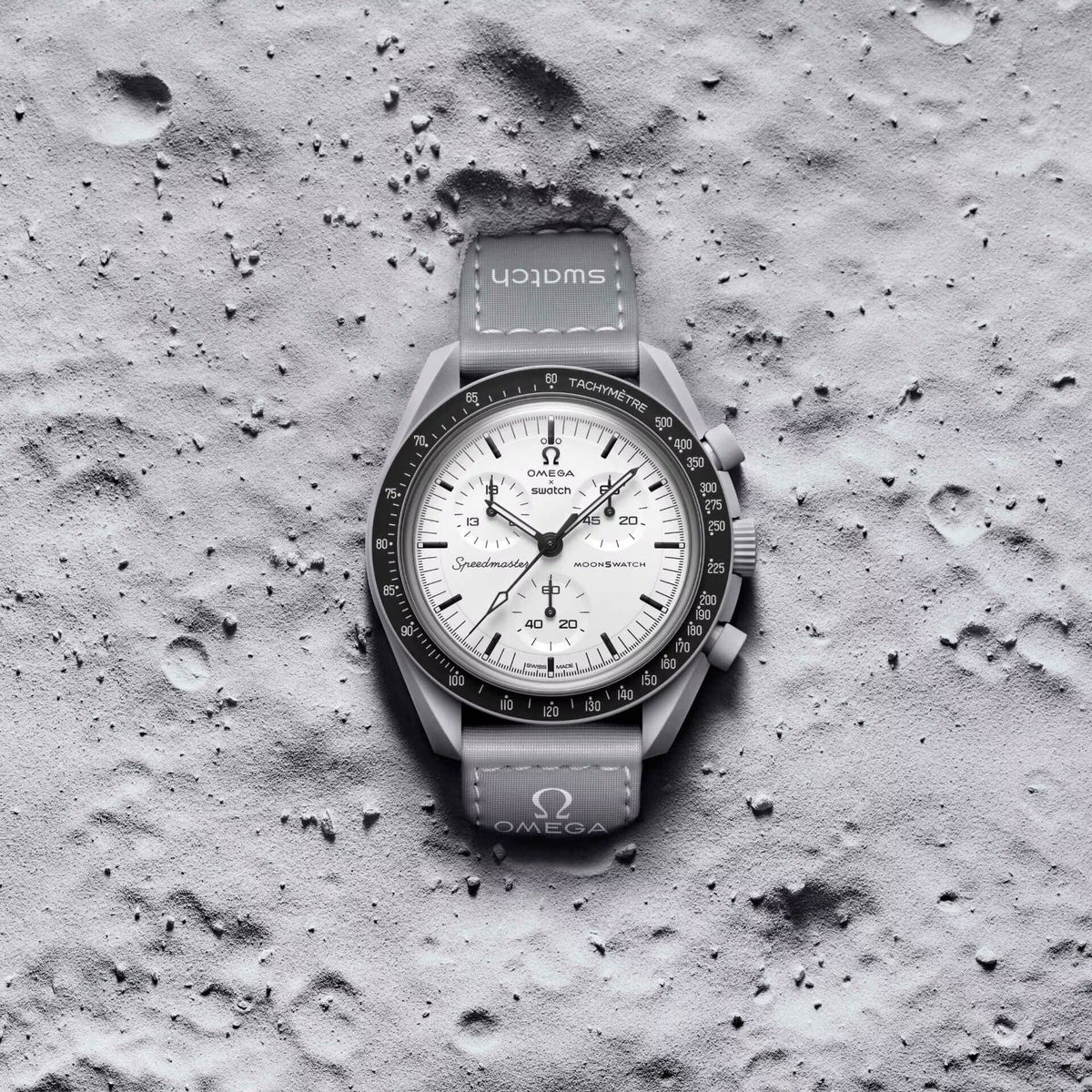 OMEGA x Swatch Bioceramic MoonSwatch White SO33M106 front view on lunar surface – SALAM LUXURY