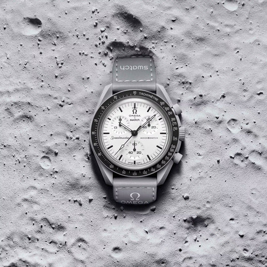 OMEGA x Swatch Bioceramic MoonSwatch White SO33M106 front view on lunar surface – SALAM LUXURY