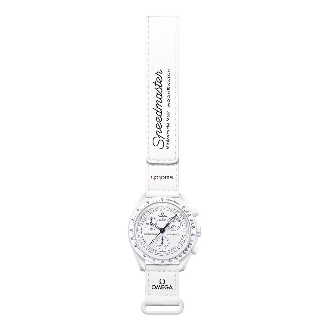 White | Full front view of white Snoopy MoonSwatch watch - SALAM LUXURY
