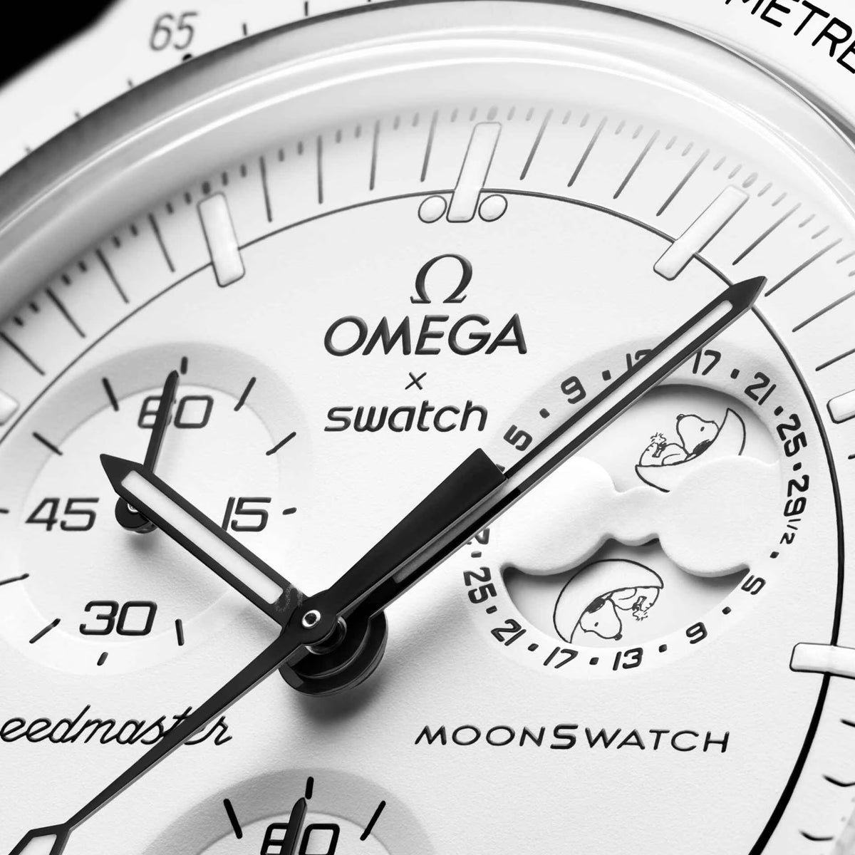 White | Close-up shot of white dial with Snoopy moonphase sub-dial - SALAM LUXURY