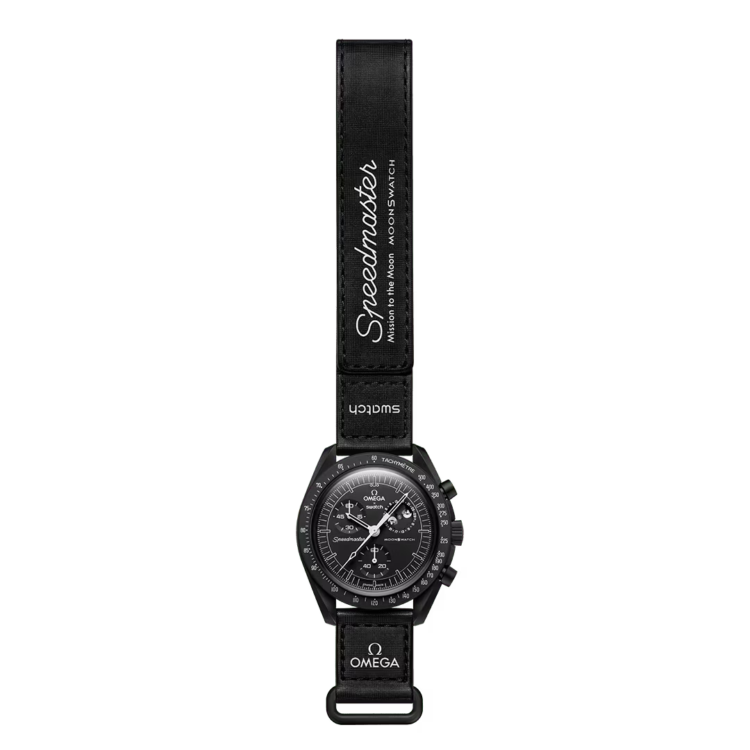 Black | Full front view of black Snoopy MoonSwatch watch - SALAM LUXURY