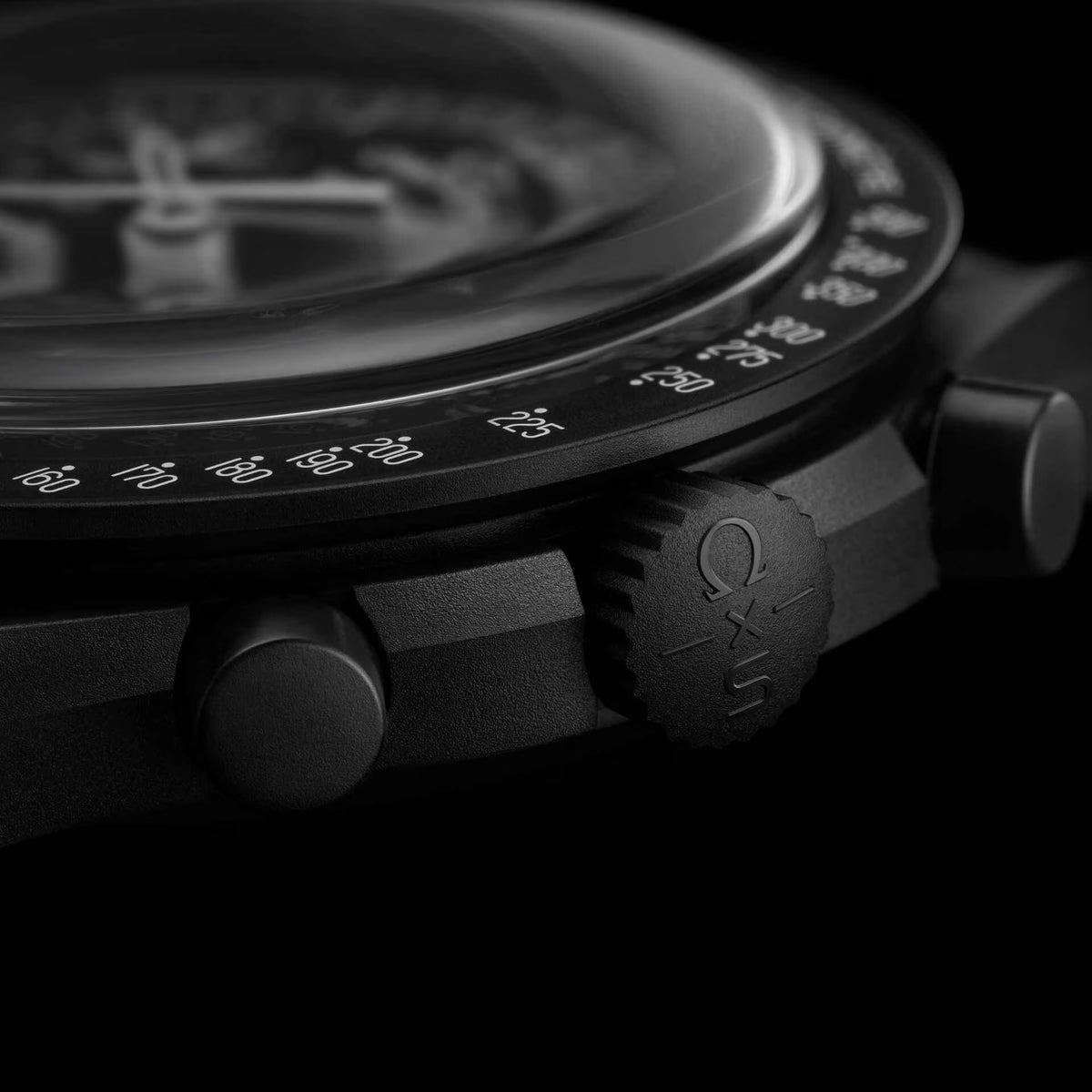 Black | Side profile shot of black bioceramic case and pushers - SALAM LUXURY