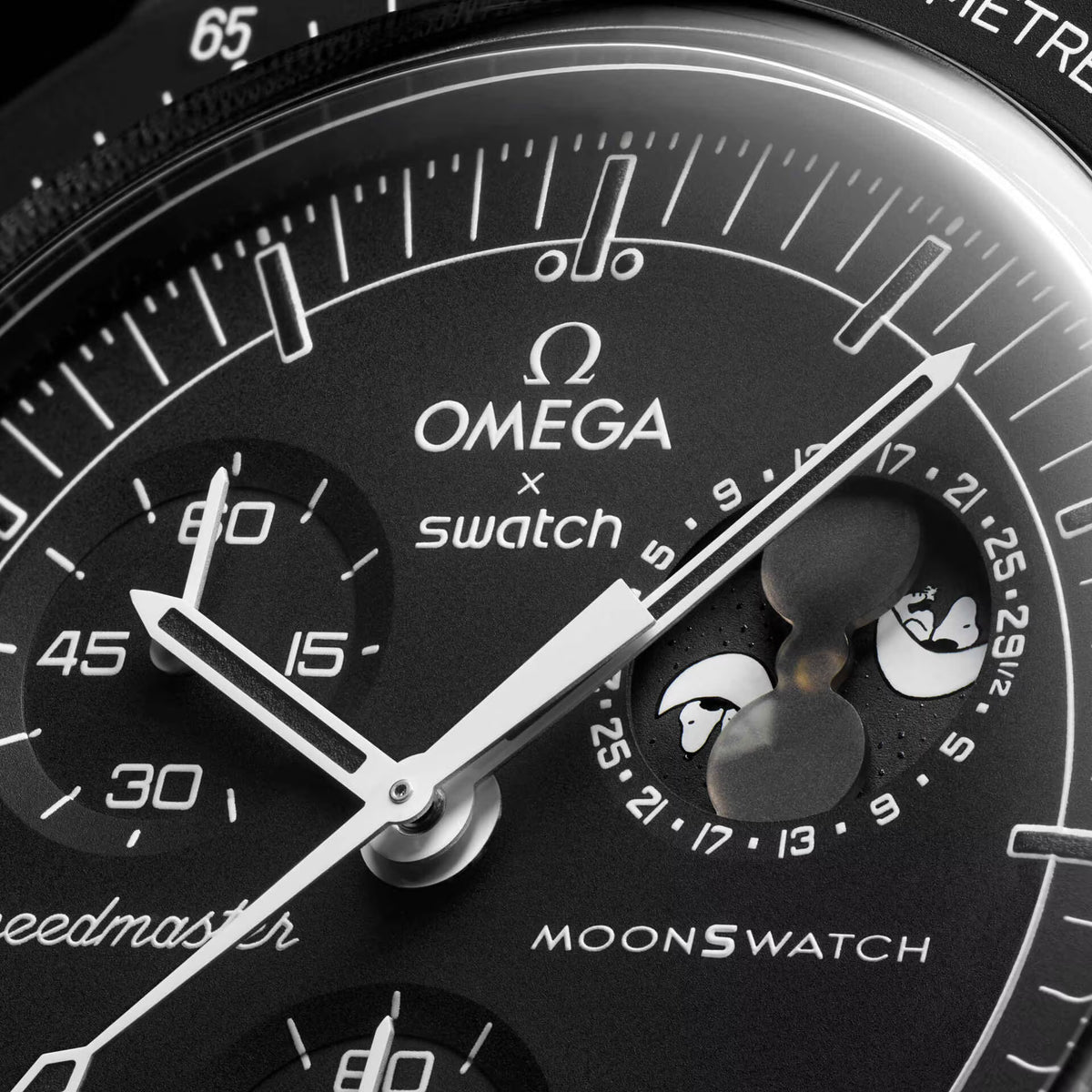 Black | Close-up shot of black dial with Snoopy moonphase indicator - SALAM LUXURY