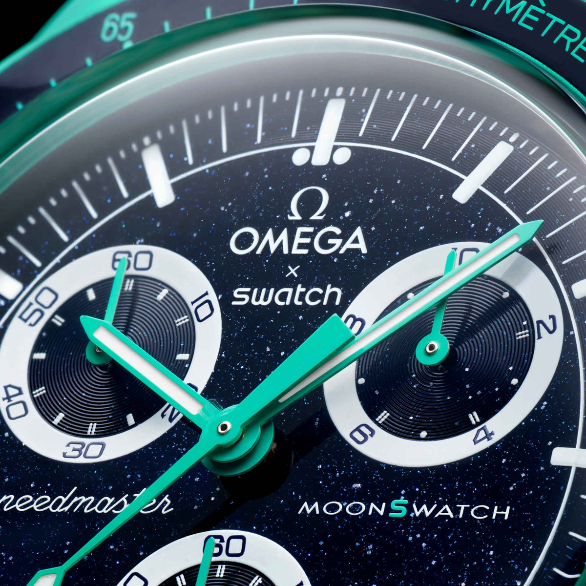 Polar Lights | Detailed shot of the dial showing sub-dials and 'MOONSWATCH' branding - SALAM LUXURY