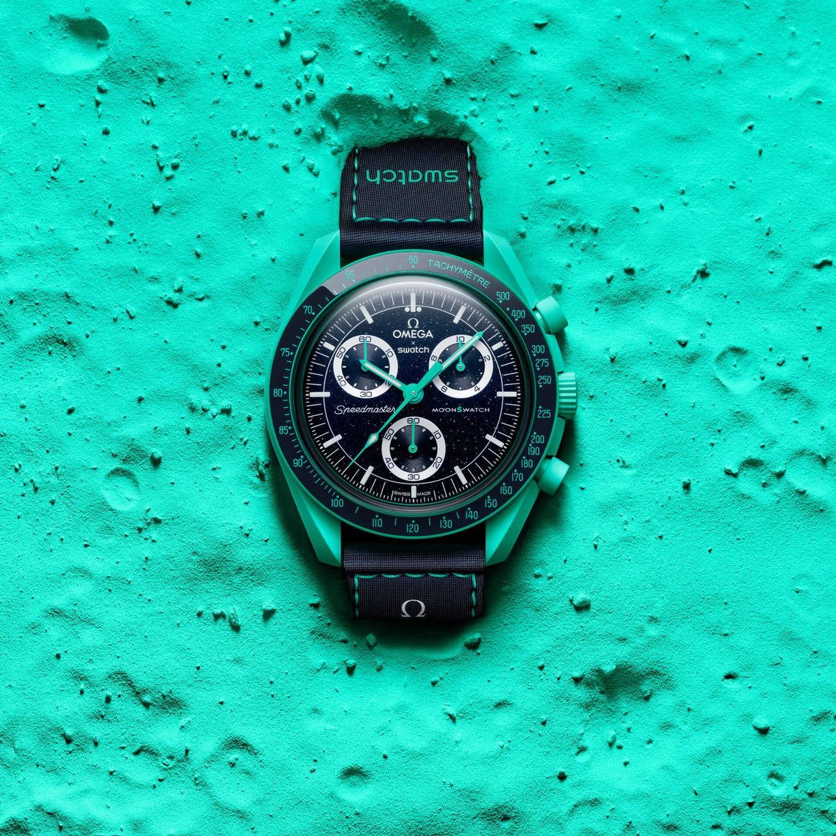 Polar Lights | Omega x Swatch Mission on Earth watch on a vibrant green textured surface - SALAM LUXURY