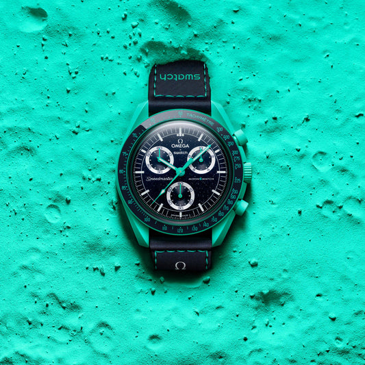 Polar Lights | Omega x Swatch Mission on Earth watch on a vibrant green textured surface - SALAM LUXURY