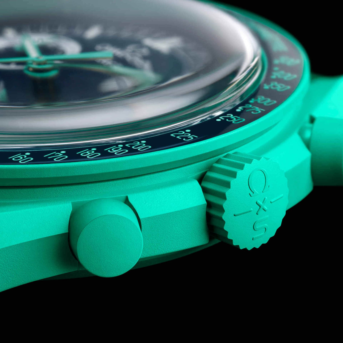 Polar Lights | Close-up of the light green bioceramic case profile and crown of the watch - SALAM LUXURY
