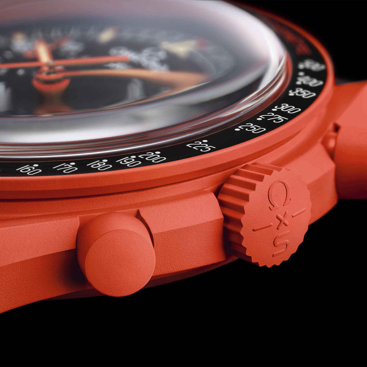 Lava | Close-up profile of the bright orange bioceramic case and buttons - SALAM LUXURY
