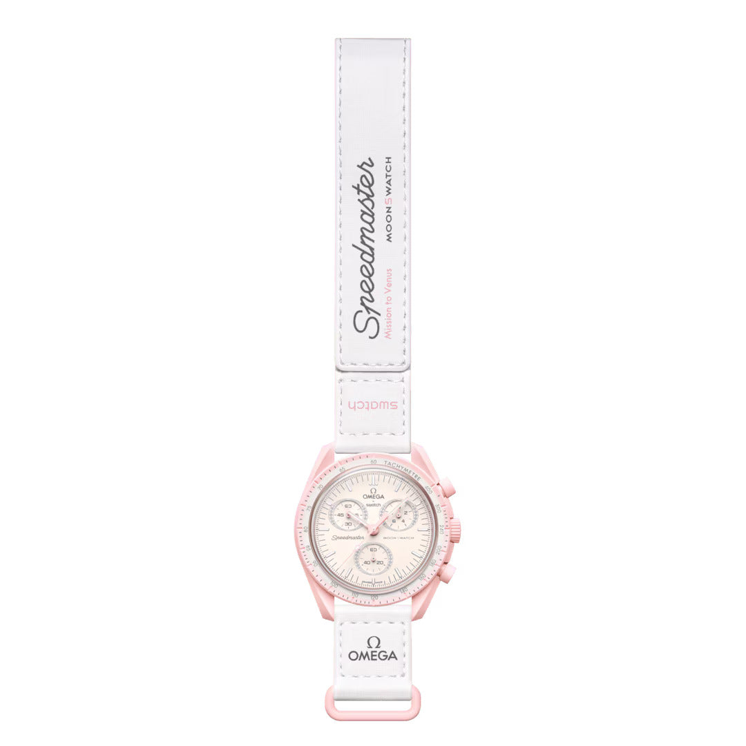 Full view of Omega x Swatch Mission to Venus watch with white strap - Salam Luxury