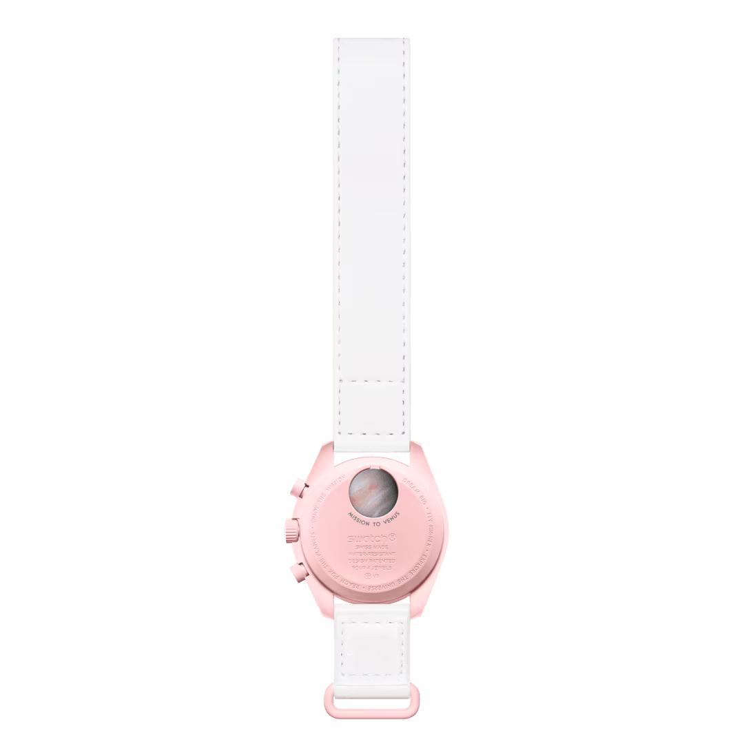 Back case design of Omega x Swatch Bioceramic MoonSwatch Mission to Venus showing planet graphic – Salam Luxury
