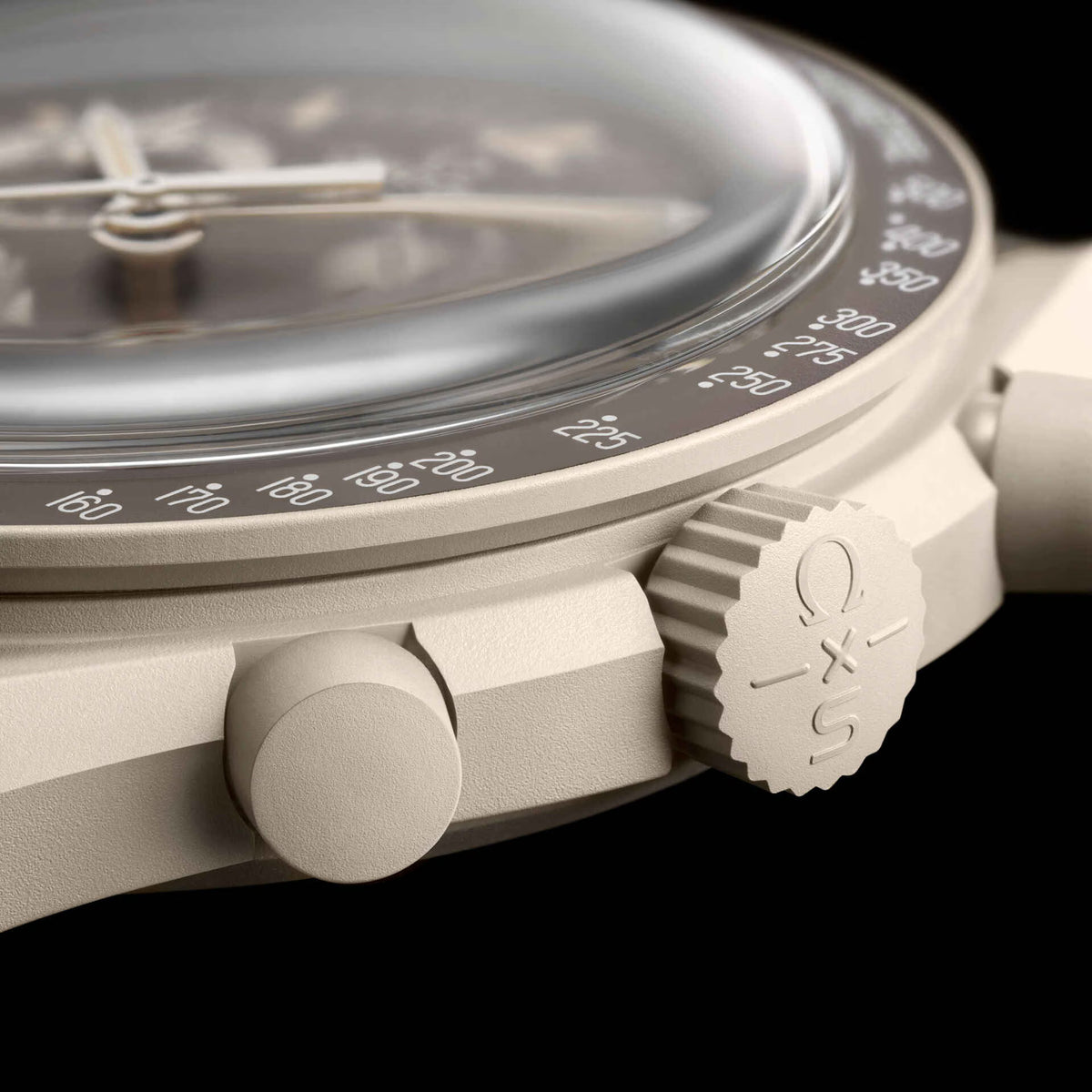 Desert | Side profile shot of the beige bioceramic case and crown - SALAM LUXURY