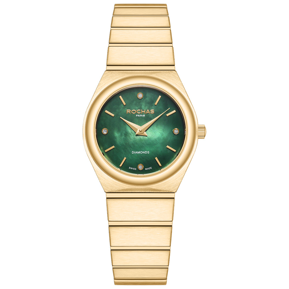 Gold watch with green face on a white background
Salam Luxury