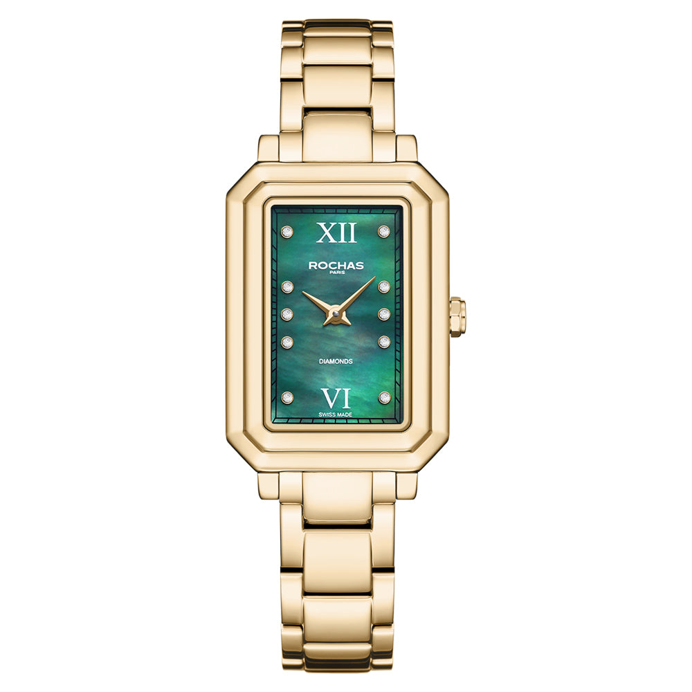 Gold watch with a green face on a white background
Salam Luxury