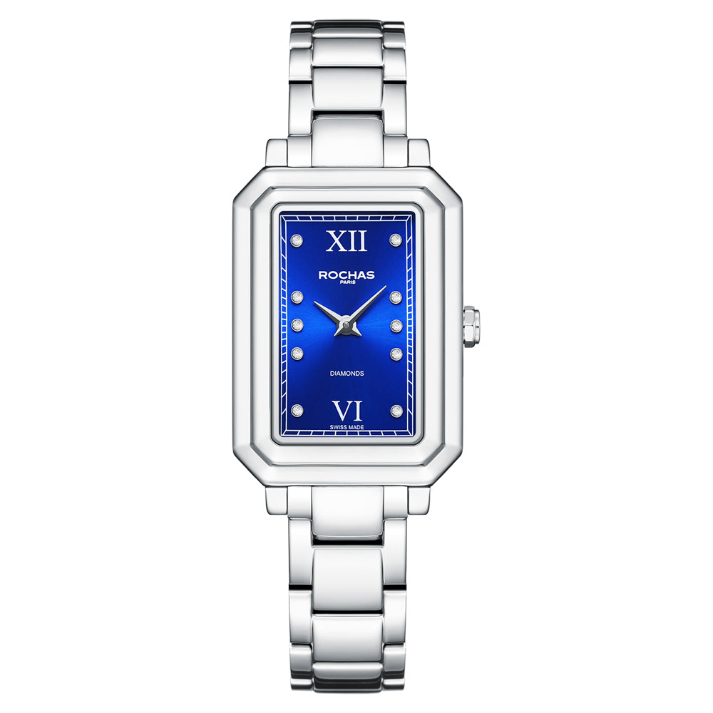 Silver watch with a blue face on a white background
Diamond Watch Salam Luxury