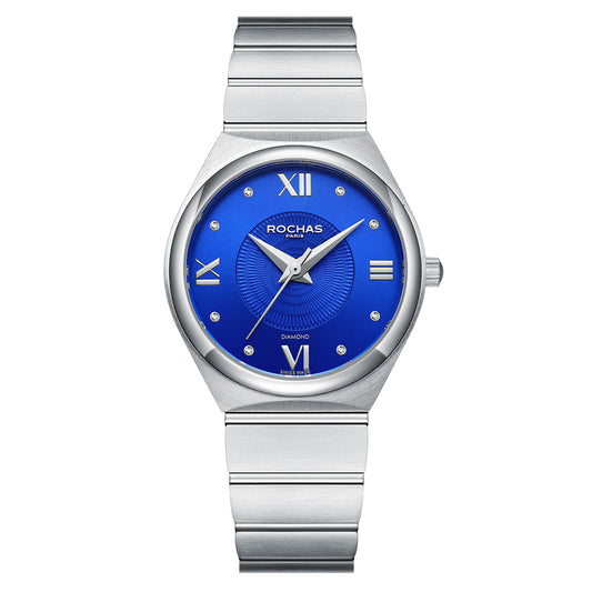 Silver watch with a blue face on a white background
Salam Luxury