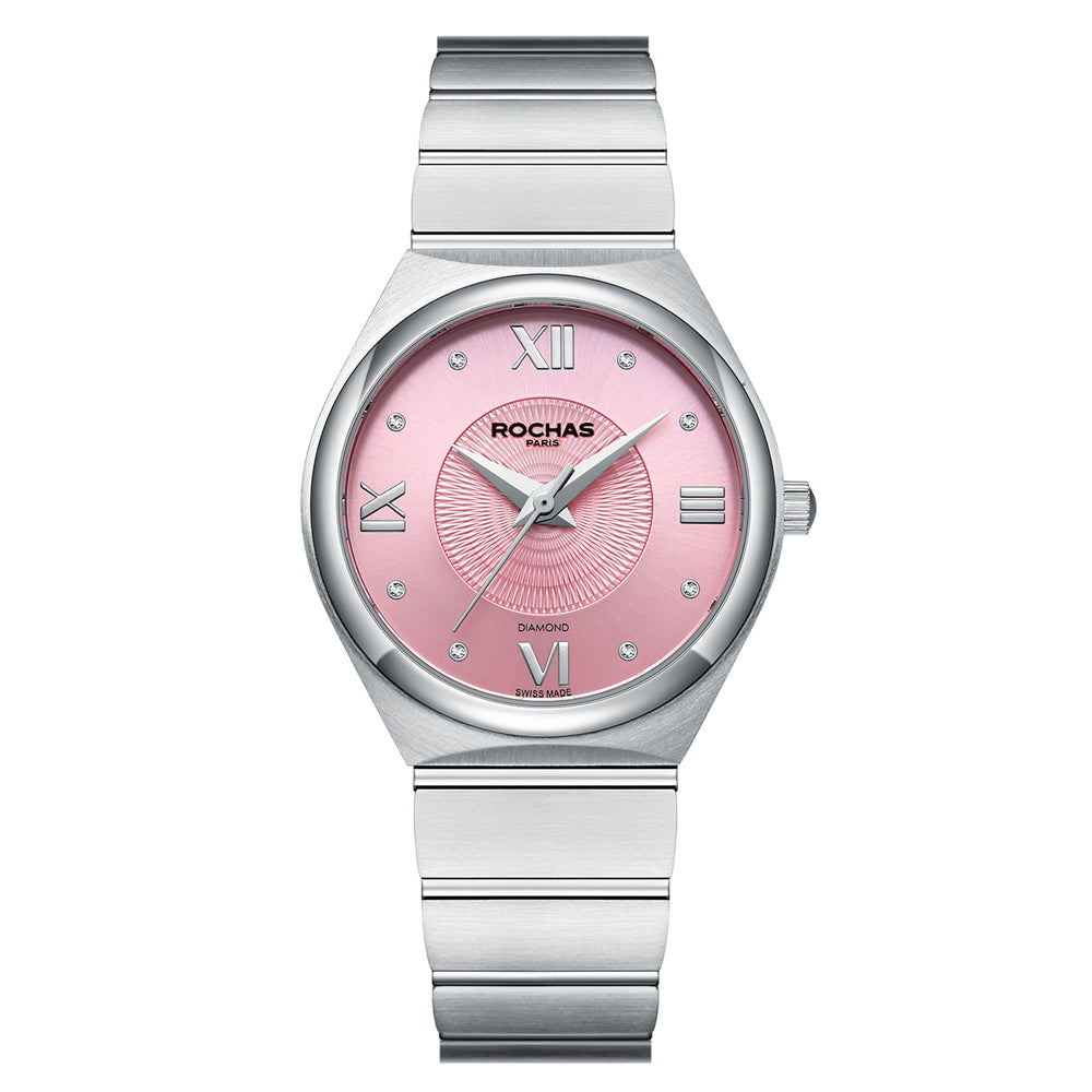 Silver watch with a pink face on a white background
Salam Luxury