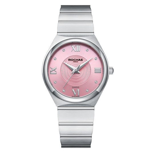 Silver watch with a pink face on a white background
Salam Luxury