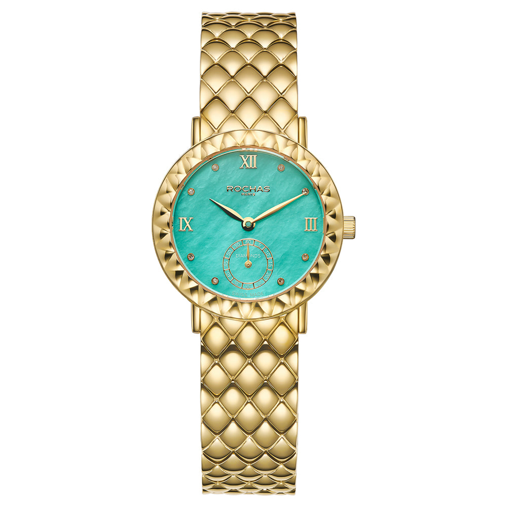 Gold watch with a Ice Blue face on a white background
Turquoise