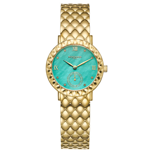 Gold watch with a Ice Blue face on a white background
Turquoise