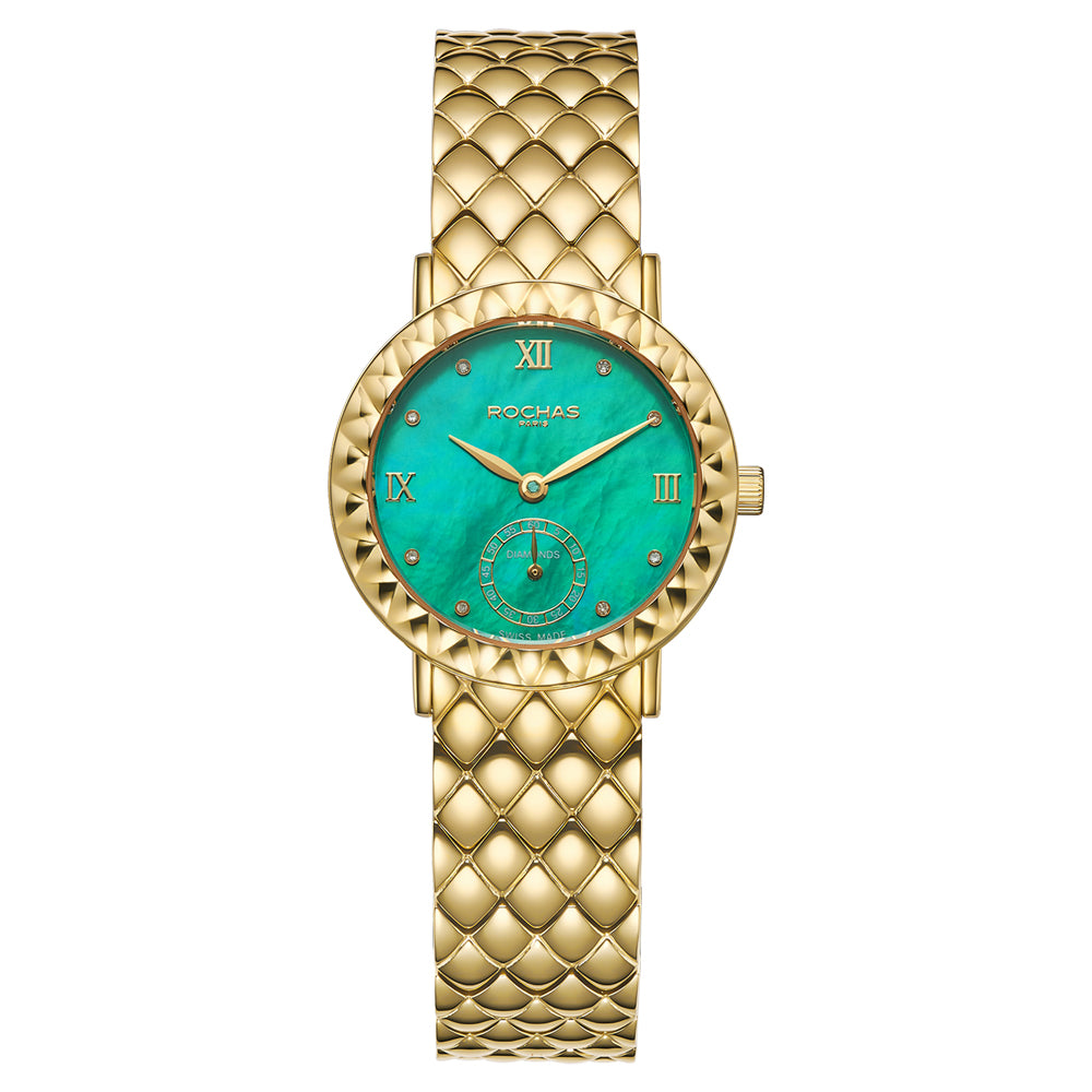 Gold watch with a Turquoise face on a white background
Salam Luxury