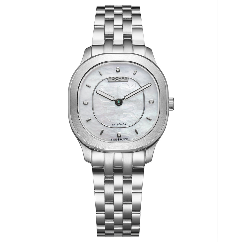 Silver watch with a white face on a white background
Salam Luxury