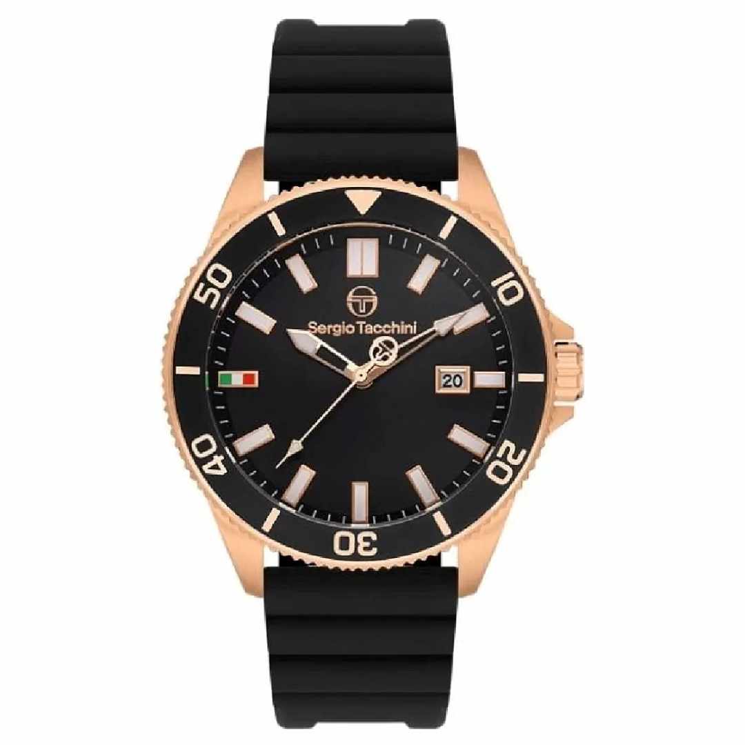 Sergio Tacchini watch with black rubber strap and rose gold case on white background
Salam Luxury
