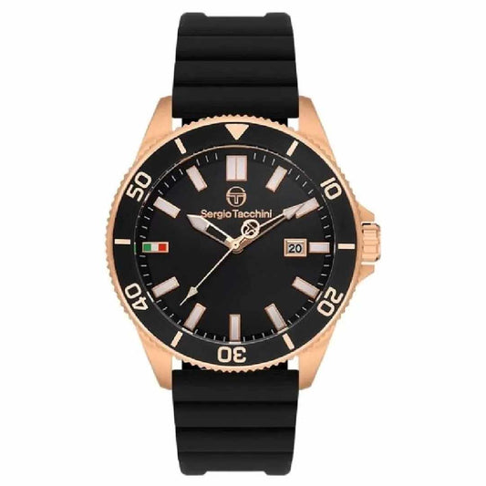 Sergio Tacchini watch with black rubber strap and rose gold case on white background
Salam Luxury