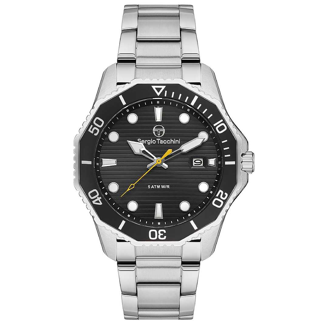 Silver watch with black dial and yellow second hand on a white background
Salam Luxury