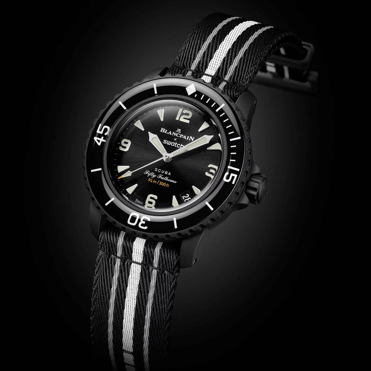 Salam Luxury watch model SO35B400 featuring a black dial and striped NATO strap.
