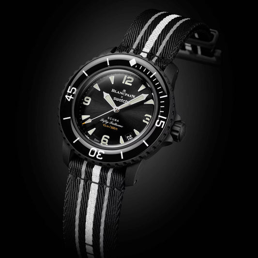 Salam Luxury watch model SO35B400 featuring a black dial and striped NATO strap.