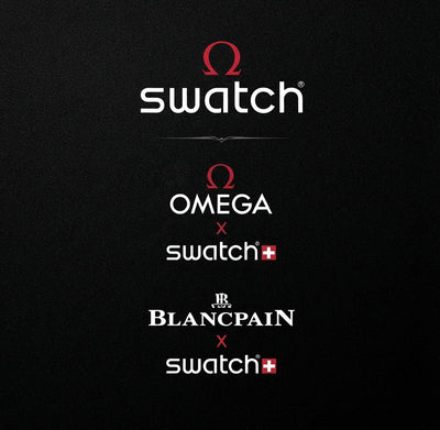 Collaborative logos for Swatch x Omega and Swatch x Blancpain on a black textured background, featuring red and white branding with the Omega and Blancpain logos.