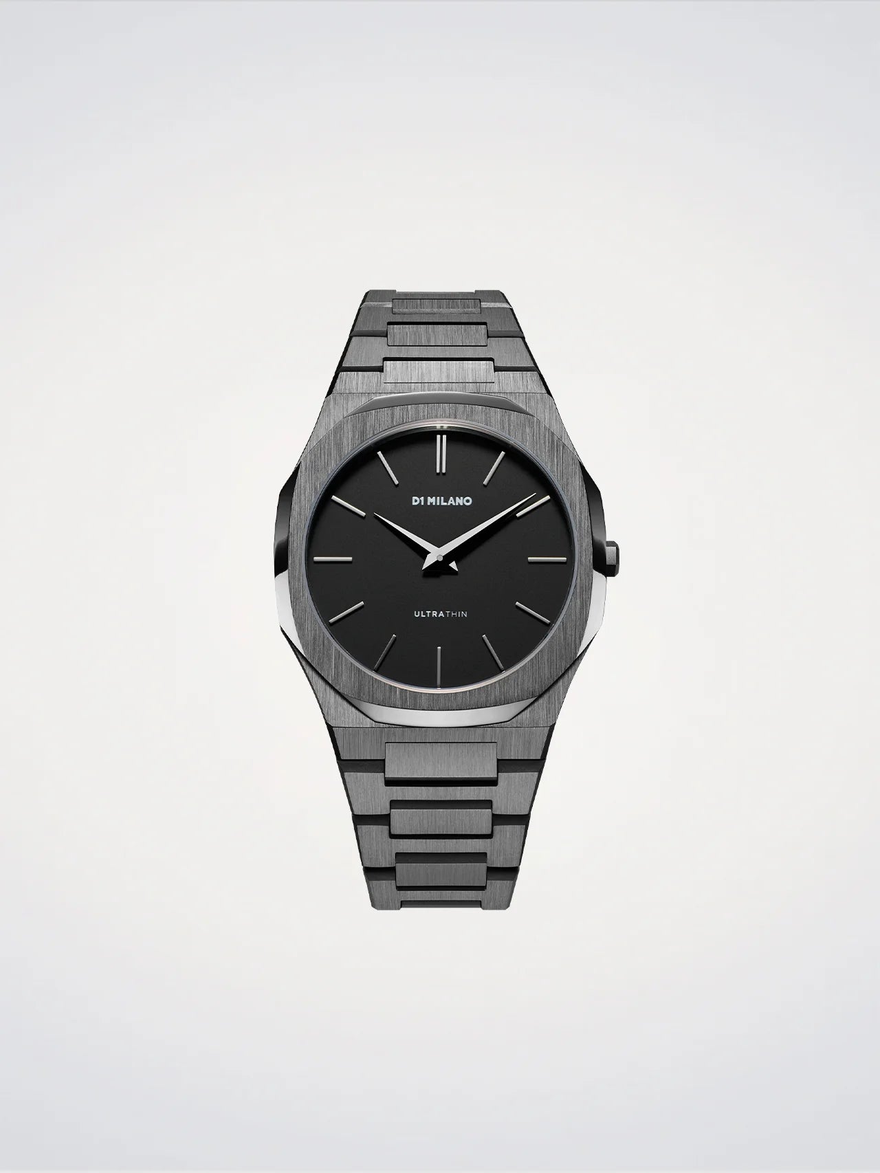 Silver watch with black face on a light gray background
salam Luxury