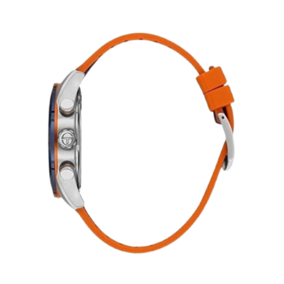 Watch with orange strap and silver case on a white background
Salam Luxury UAE