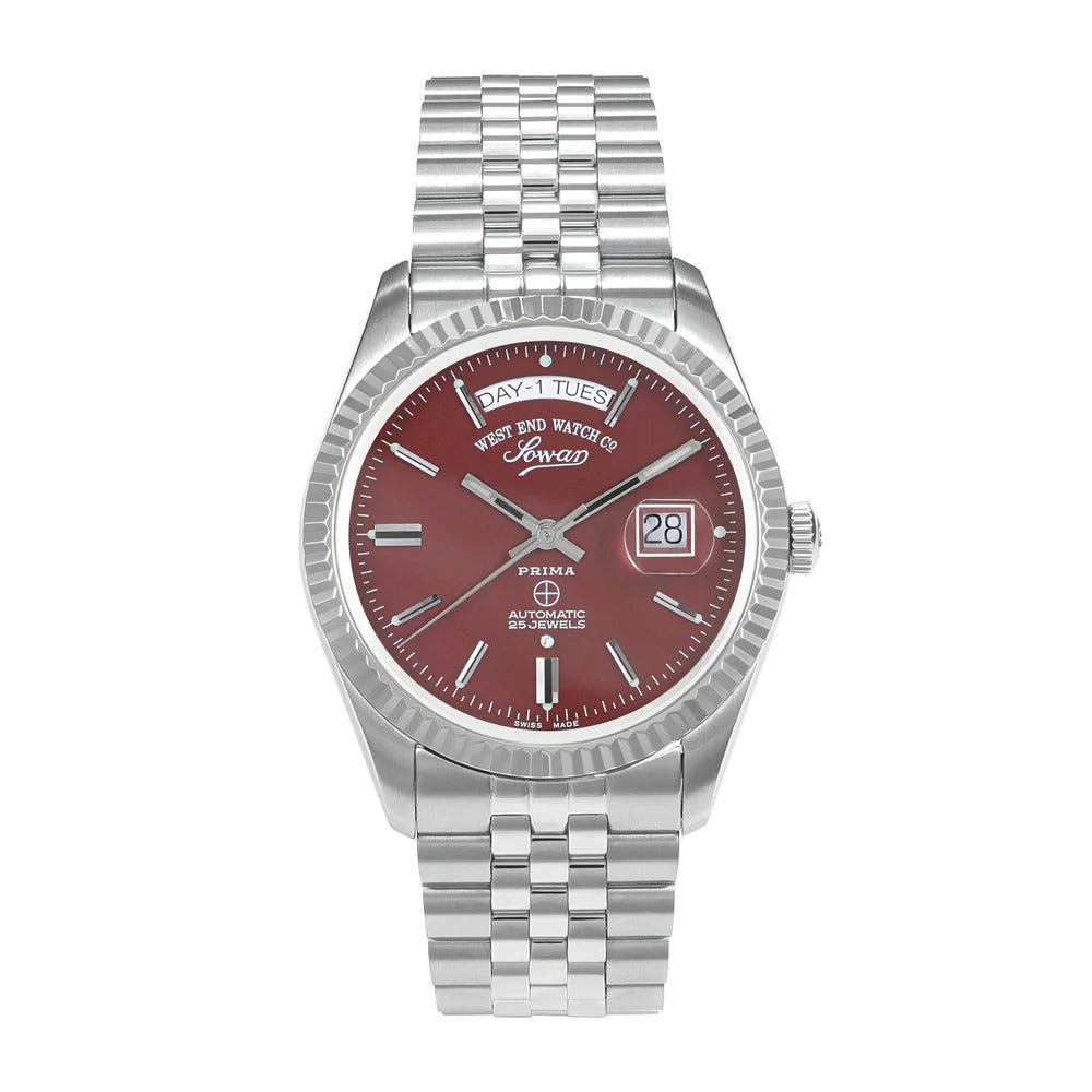Maroon | Silver watch with a red face on a white background
Salam Luxury UAE
