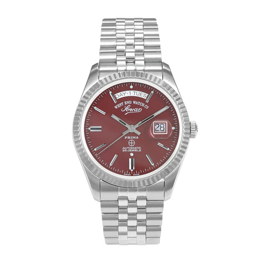 Maroon | Silver watch with a red face on a white background
Salam Luxury UAE