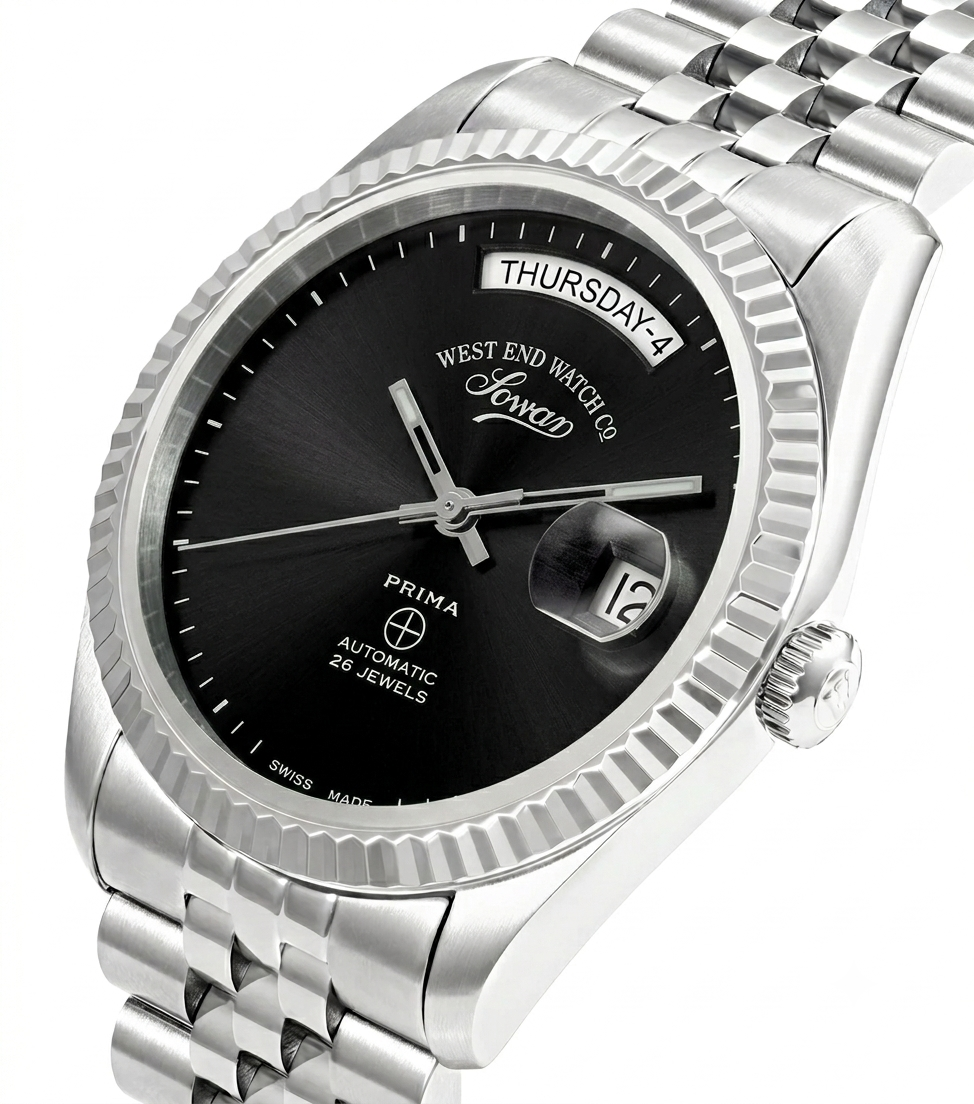 Black | Close - up view of dial prima 26 jewels automatic watch for unisex 37mm Salam Luxury