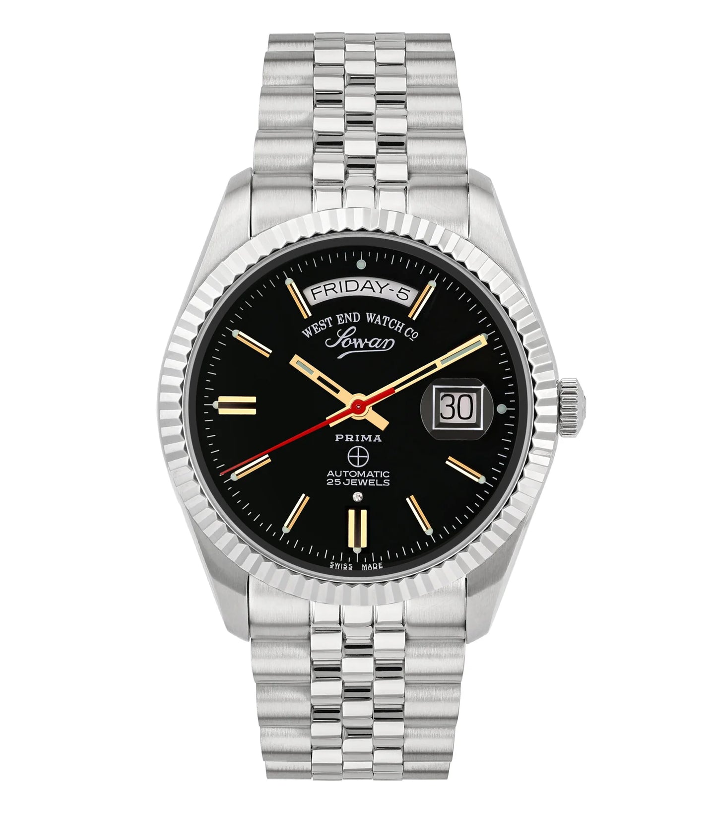 Black | Silver watch with black dial on a white background