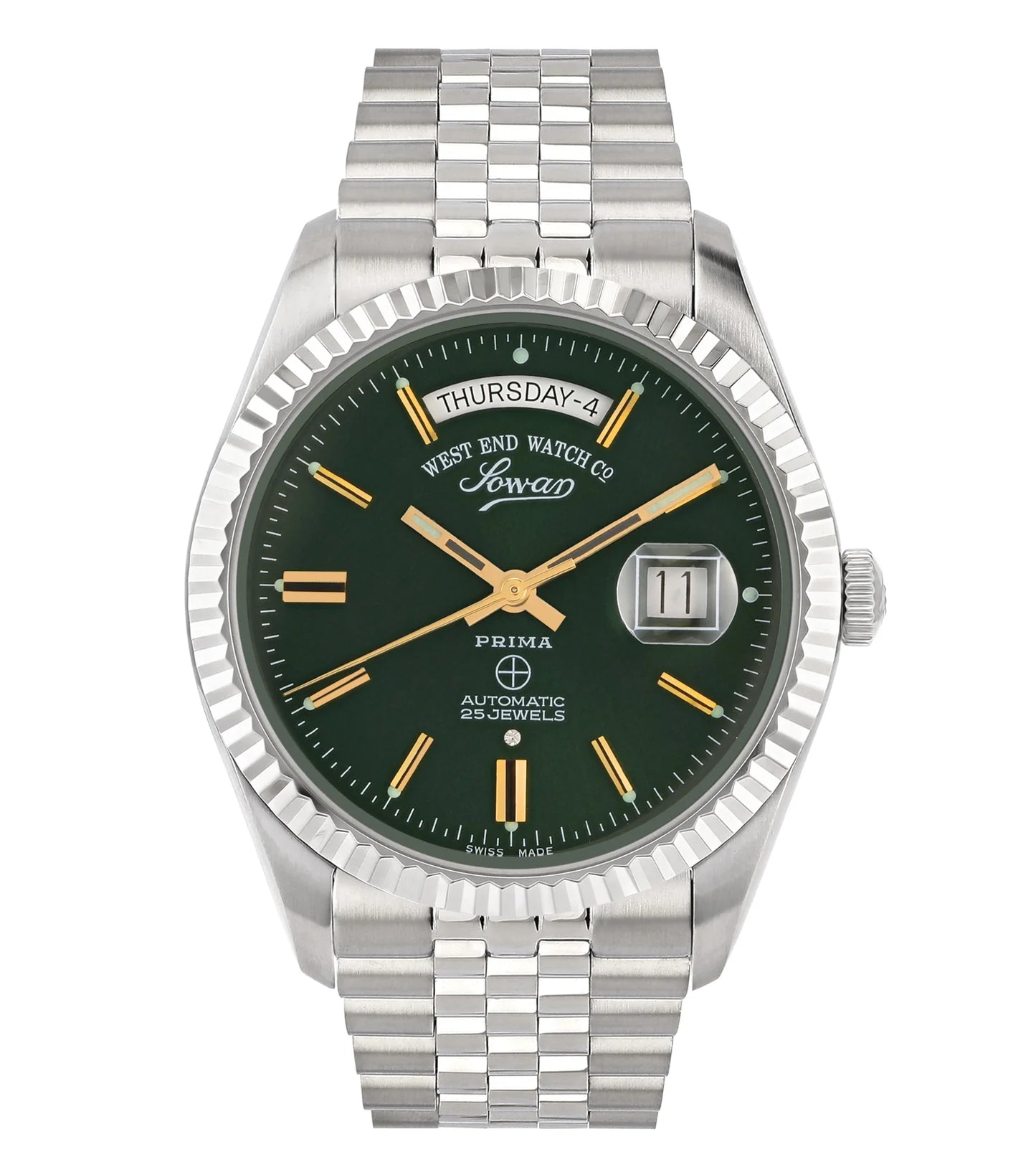 Green | Wristwatch with green dial and silver metal strap on a white background
Salam Luxury UAE