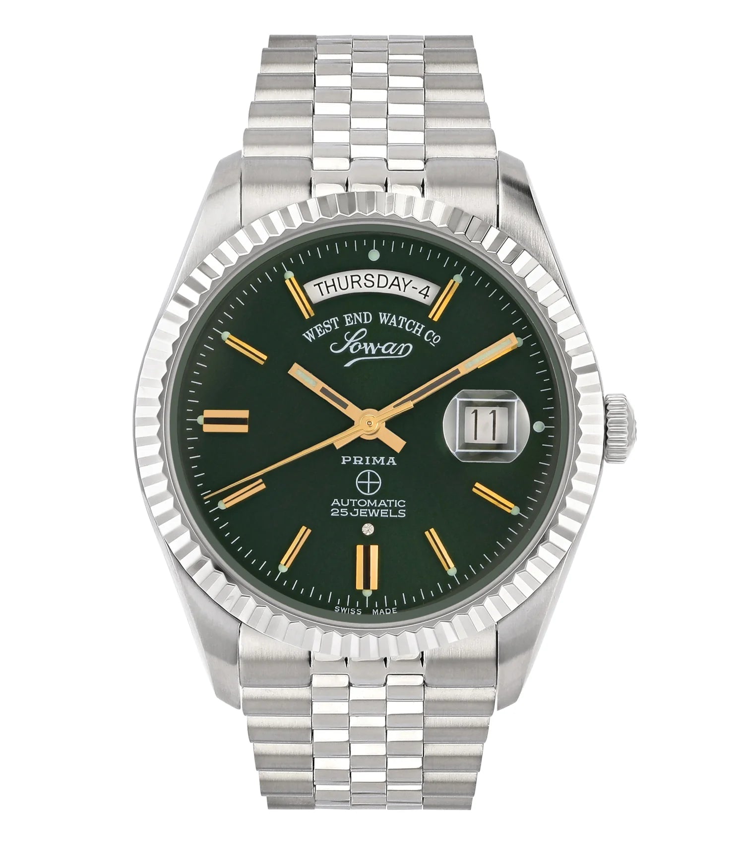 Green | Wristwatch with green dial and silver metal strap on a white background
Salam Luxury UAE